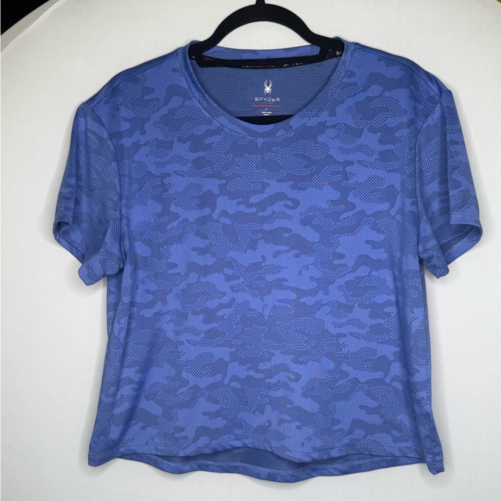 Blue unique Spyder cropped workout beathable vented camo shirt women size large